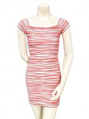 Hot Gal Coral White Striped Off Shoulder Bodycon Mini Dress Size S